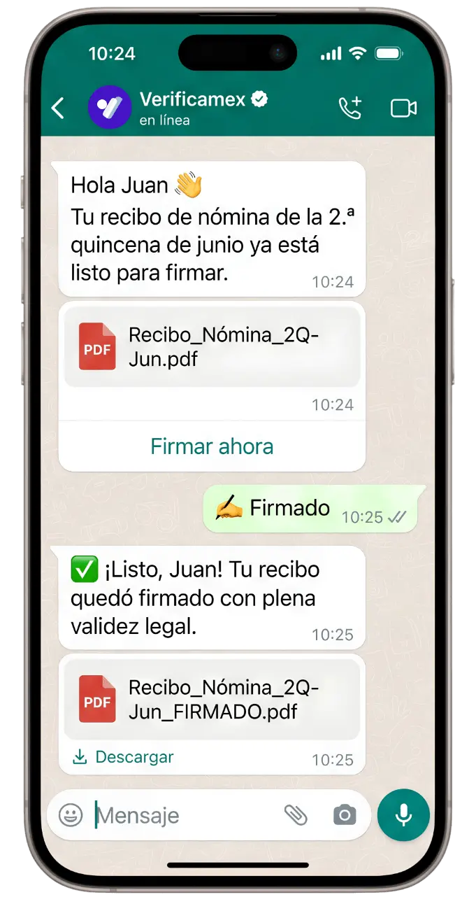 Notificación de WhatsApp para firmar un recibo de nómina con validez legal
